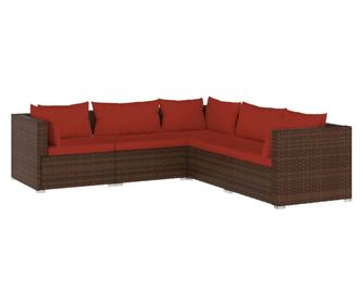 Градински лаундж комплект с възглавници 5 части полиратан кафяв