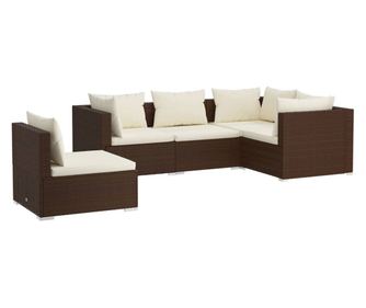 Градински лаундж комплект с възглавници 5 части полиратан кафяв