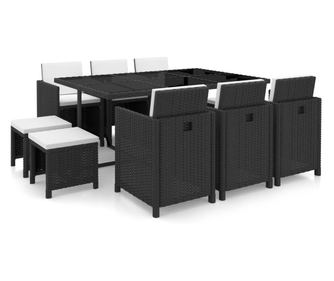 Градински комплект с възглавници, 11 части, черен полиратан