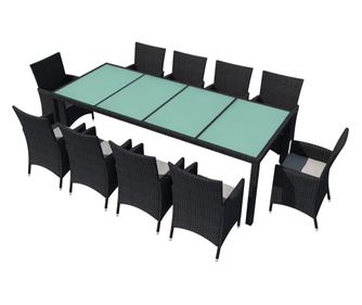 Градински комплект с възглавници, 11 части, черен полиратан