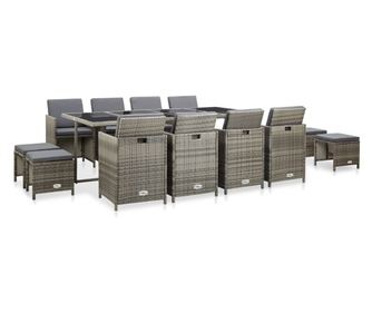 Градински комплект с възглавници, 13 части, сив полиратан