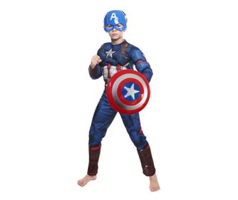 Set costum clasic cu muschi Captain America si scut cu sunete si lumini pentru baiat 7-9 ani 130 - 140 cm