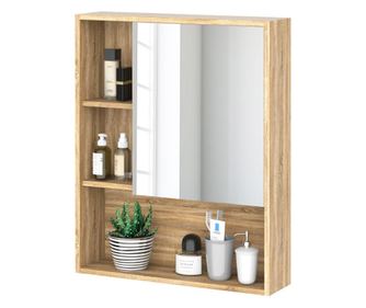 kleankin Огледален шкаф с регулируем рафт, за стенен монтаж, цвят дъб