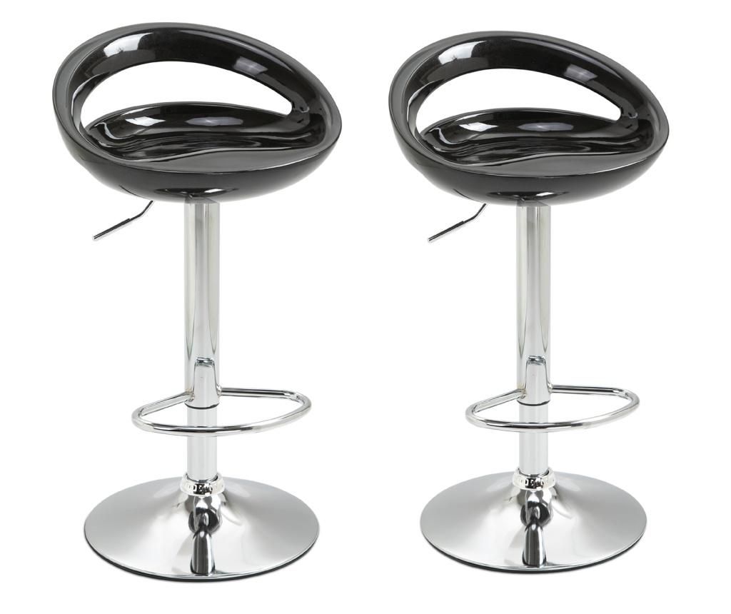 Set 2 Scaune Bar Pivotante 360°, Înălțime Reglabilă, Spătar și Suport Picioare, Bază Oțel, pentru Bucătărie, 46x41x76-96cm, Negr