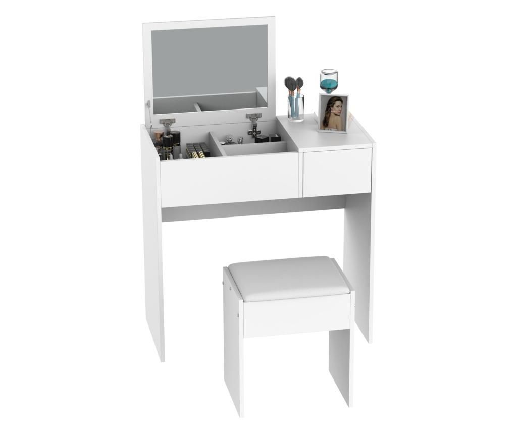 Masă de Machiaj cu Oglindă Pliabilă, Modernă, cu Scaunel, Compartiment de Depozitare (4 Scompartimente), MDF Alb, 80x40x79 cm
