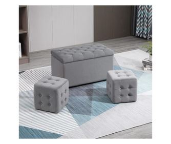 HomCom Cufar Depozitare Multifunctional cu 2 scaune Pouf din catifea, Gri perla Homcom