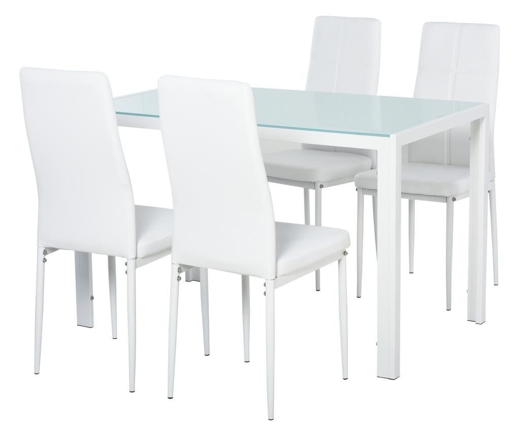 HOMCOM Dining Set with 4 Upholstered Chairs and 1 Table for 4 People, White