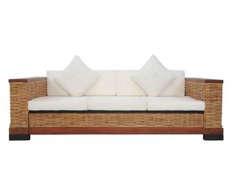 Canapea de 3 locuri cu perne, maro, ratan natural