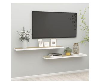 2 db fehér-tölgyszínű MDF lebegő fali polc 120 x 23,5 x 3,8 cm