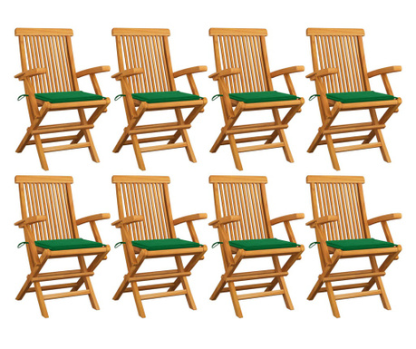 Градински столове със зелени възглавници 8 бр тик масив