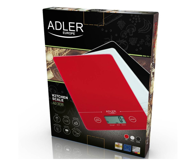 Кухненска везна Adler AD 3138r, 5 кг, LCD екран, ТАРА, Включена батерия, Червен