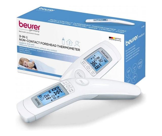 Безконтактен термометър Beurer FT 90, Infrared, 60 запаметявания, Дата и час, C/F, Бял