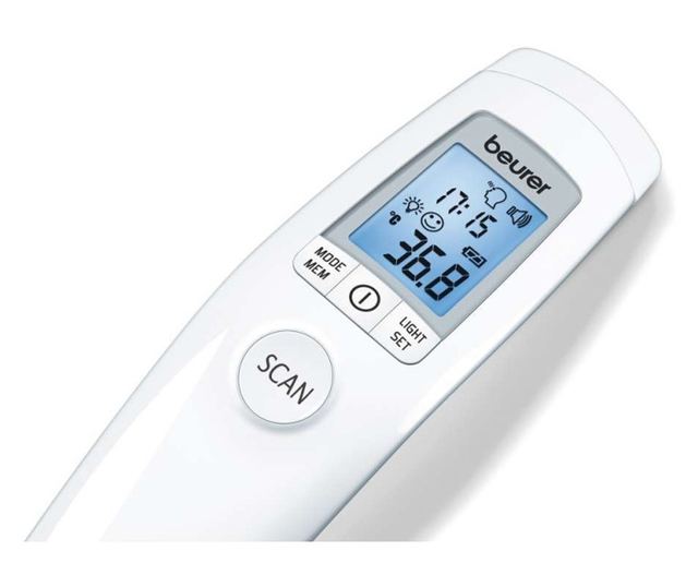 Безконтактен термометър Beurer FT 90, Infrared, 60 запаметявания, Дата и час, C/F, Бял