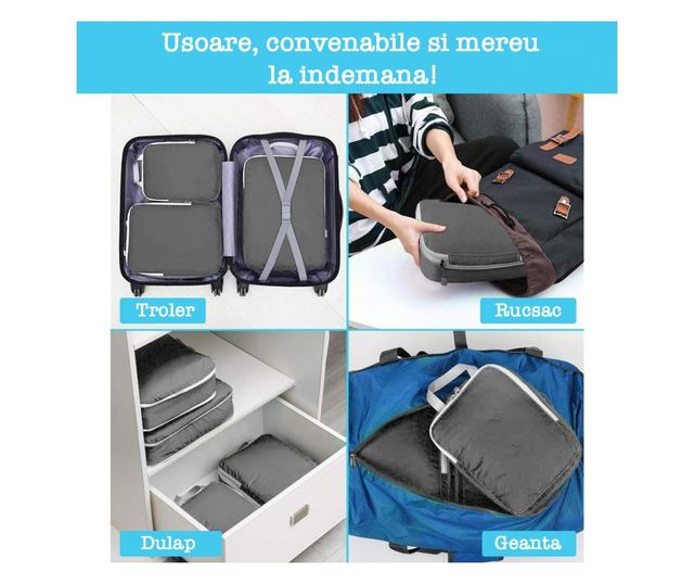 Set 3 huse organizare bagaj, Quasar & Co., impermeabile, sistem compresie/extensie cu fermoar, gri