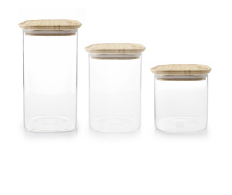 Set 3 recipiente depozitare alimente Ibili-Borosilicato, sticla borosilicata/bambus, transparent/maro