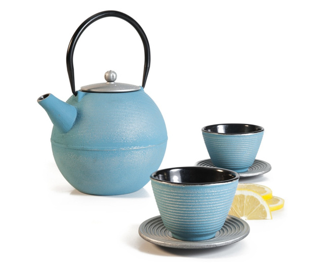 Set servire ceai Ibili-Oriental, fonta, 15x12 cm, turcoaz/negru