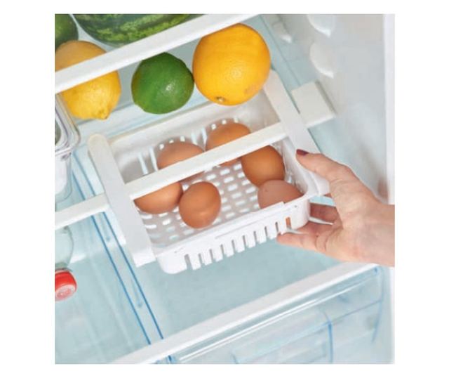 Zeller kihúzható hűtőszekrény szervező, műanyag, 20,5-28,5x16,5x7,5cm, fehér