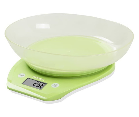 Fissman konyhai mérleg tállal, műanyag, 22x21x6,6 cm, zöld/fehér