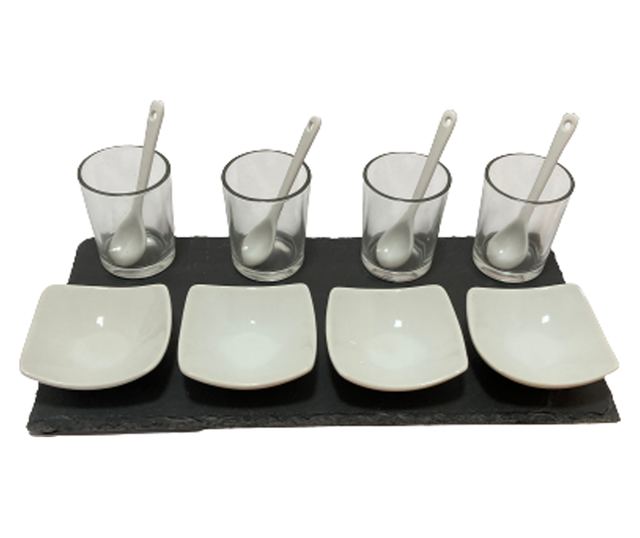 Excellent Houseware négyzet alakú tálaló készlet, pala/porcelán, 30x15cm, fekete/fehér