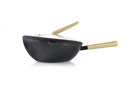 Tigaie wok Ibili-Luxe, aluminiu, 30x8.5-12 cm, negru/maro