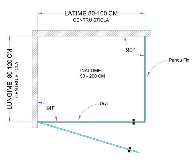 Cabina dus 90 de grade, (100x120)/200, sticla clara timeless securizata 8 mm, profil Aluminiu Lucios