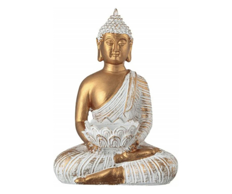 Statueta decorativa Buddha cu suport pentru lumanare, Pufo, 19 cm, auriu/alb