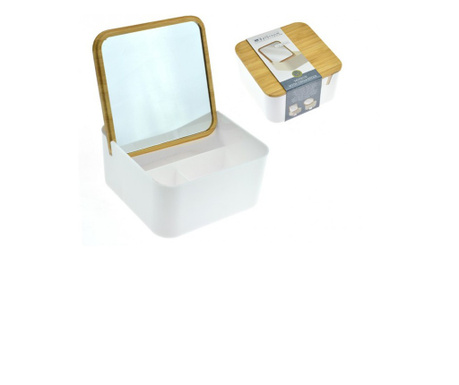 Organizator cosmetice cu oglinda, alb, patrat, 13x13x7 cm