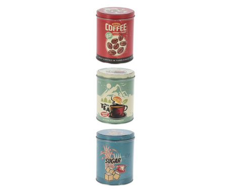 Set 3 recipiente depozitare Retro color, Ceai, Cafea, Zahar, 10x13 cm