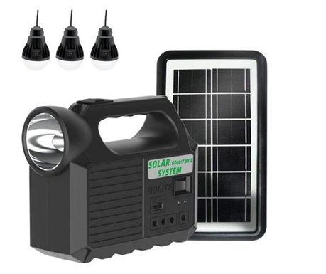Kit Solar pentru Camping, Portabil, Lumina LED, Panou Solar Inclus, Accesorii Incluse, 12-30h de Iluminare, Negru