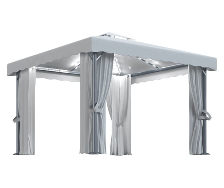 Pavilion cu perdele & șiruri lumini, alb crem, 3x3 m