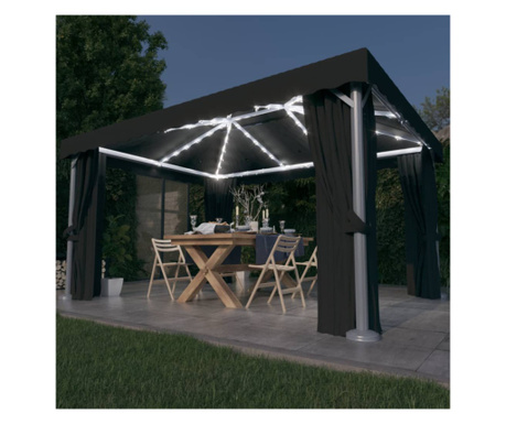 Pavilion cu perdele & șiruri lumini LED, antracit, 4x3 m