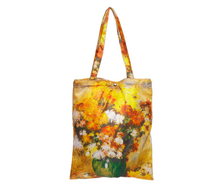 Geanta shopper din material textil satinat, cu imprimeu peisaj vaza cu crizanteme