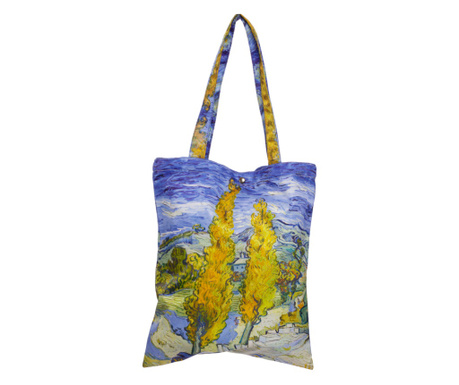 Geanta shopper din material textil satinat, cu imprimeu inspirat dintr-o pictura cu chiparosi a lui Van Gogh