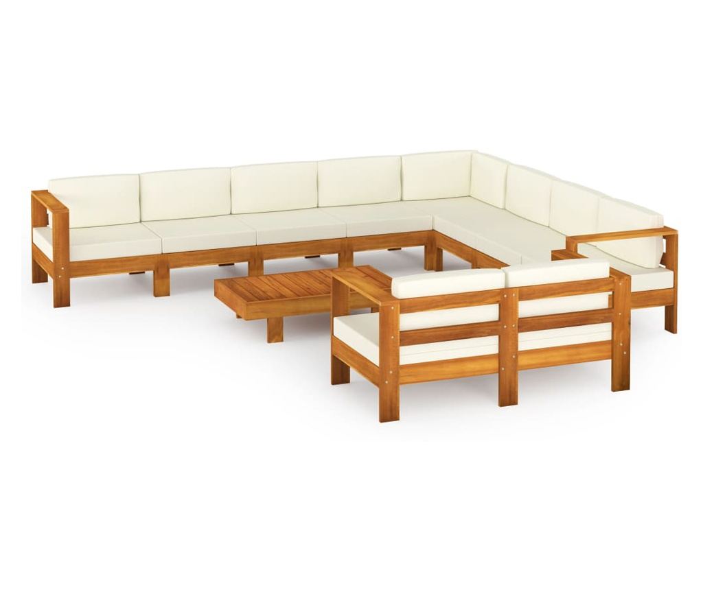 Градински комплект мебели, сметана бяло, 10 части, масивно акациево дърво - 2