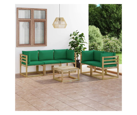 Set mobilier de grădină, 6 piese, cu perne verzi