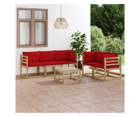Set mobilier de grădină, 6 piese, cu perne roșu