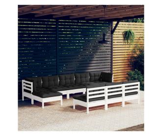 Set mobilier de grădină cu perne, 10 piese, alb, lemn de pin