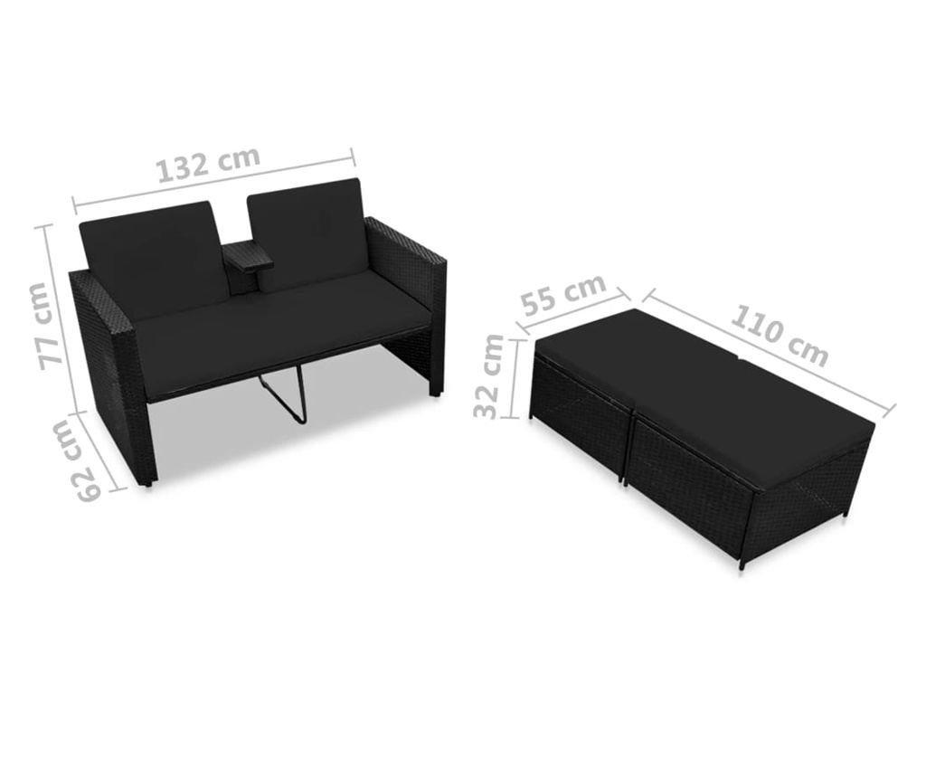 Vrtna garnitura s jastucima, 3 komada, crna, poli ratan - 7