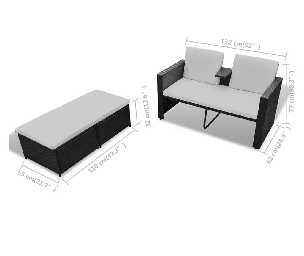 Set vrtnega pohištva s blazinami, 4 kosi, črna, poliratan - 8