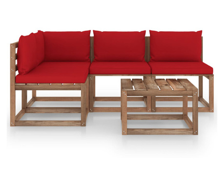 Set mobilier de grădină, 5 piese, cu perne roșii
