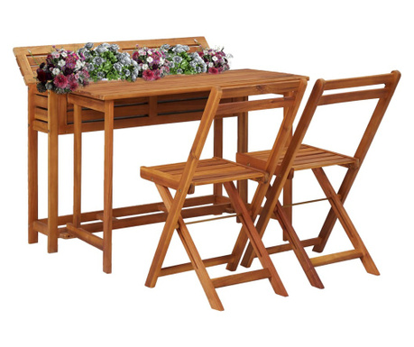 Masă cu jardinieră de balcon cu 2 scaune bistro, lemn de acacia
