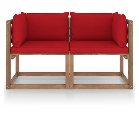 Canapea de grădină paleți, 2 locuri, perne roșii, lemn pin