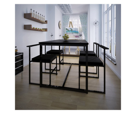 Set masă și scaune de bucătărie, negru, 5 piese