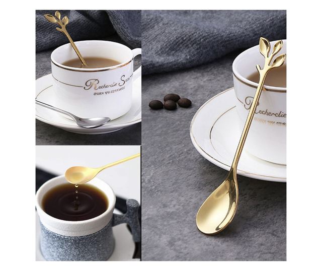 6 teáskanál Pufo levél kávéhoz, tea, desszert, acél, levél alakú fogantyú, arany, 13 cm