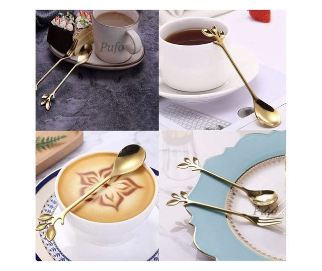6 teáskanál Pufo levél kávéhoz, tea, desszert, acél, levél alakú fogantyú, arany, 13 cm