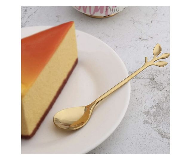 6 teáskanál Pufo levél kávéhoz, tea, desszert, acél, levél alakú fogantyú, arany, 13 cm