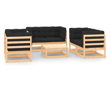 Комплект градински мебели с възглавници, 7 броя, масивна борова дървесина