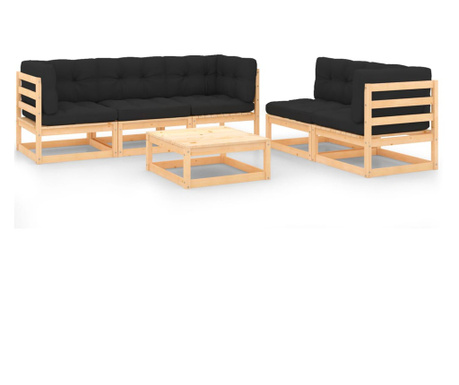 Комплект градински мебели с възглавници, 6 броя, бор от масивно дърво