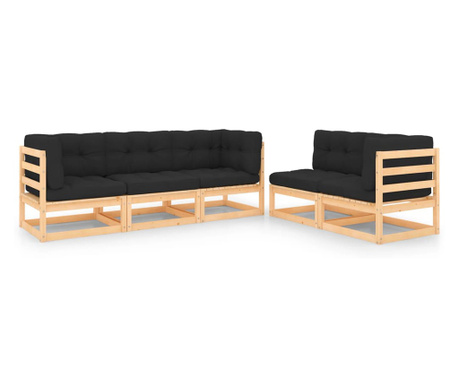 Комплект градински мебели с възглавници, 5 броя, масивен бор