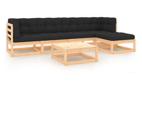 Комплект градински мебели с възглавници, 6 броя, масивна борова дървесина